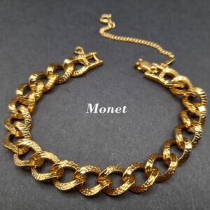 Vintage Monet Textured Bracelet, Gold Plated, Safety Chain, 7 1/4 Inch, 1960s